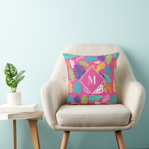 Bright Colorful Tropical Summer Leaves Monogram Throw Pillow