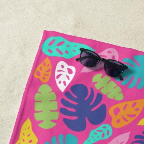 Bright Colorful Tropical Summer Leaves Pattern Beach Towel