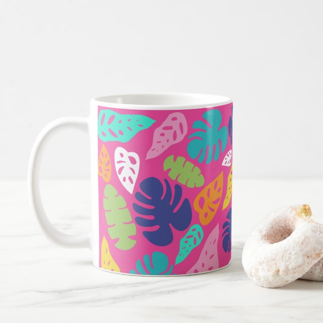 Bright Colorful Tropical Summer Leaves Pattern Coffee Mug (With Donut)