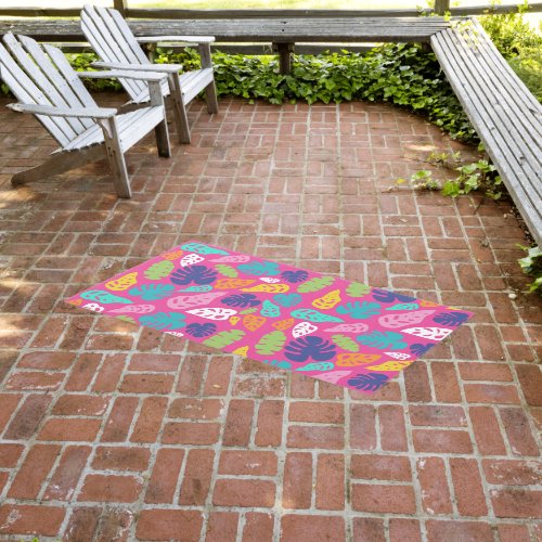 Bright Colorful Tropical Summer Leaves Pattern Outdoor Rug