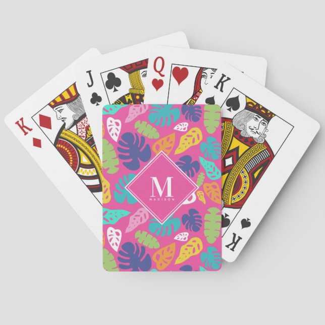 Bright Colorful Tropical Summer Leaves Pattern Poker Cards (Back)