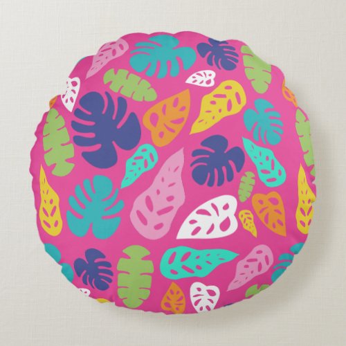 Bright Colorful Tropical Summer Leaves Pattern Round Pillow