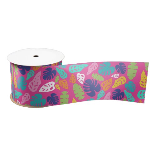 Bright Colorful Tropical Summer Leaves Pattern Satin Ribbon