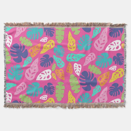 Bright Colorful Tropical Summer Leaves Pattern Throw Blanket