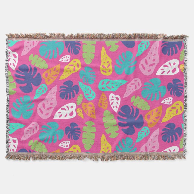 Bright Colorful Tropical Summer Leaves Pattern Throw Blanket (Front)