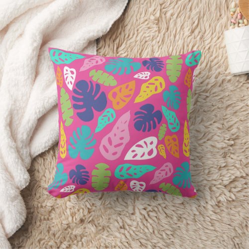 Bright Colorful Tropical Summer Leaves Pattern Throw Pillow