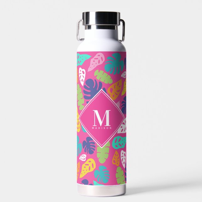 Bright Colorful Tropical Summer Leaves Pattern Water Bottle (Front)