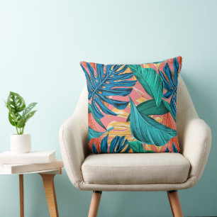 Bright Colorful Tropical Summer Palm Leaves Throw Pillow