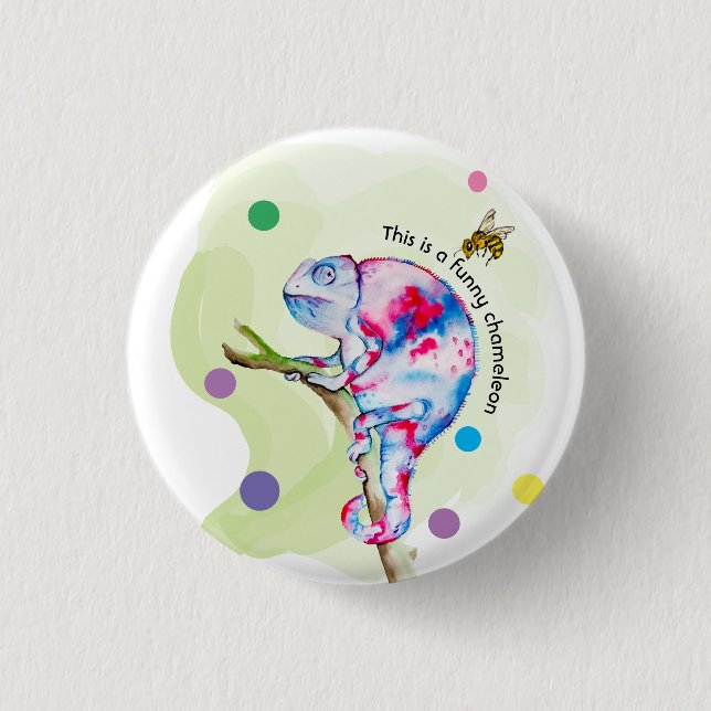 Bright colorful watercolor chameleon and bee. button (Front)