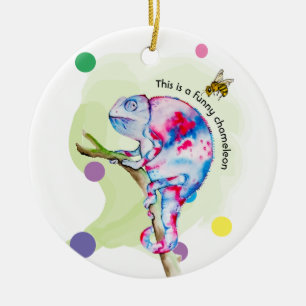 Bright colorful watercolor chameleon and bee. ceramic ornament