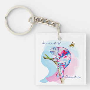 Bright colorful watercolor chameleon and bee. keychain