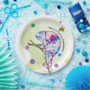 Bright colorful watercolor chameleon and bee. paper plates