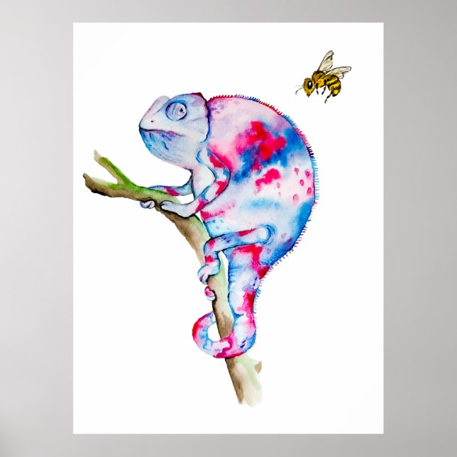 Bright colorful watercolor chameleon and bee. poster (Front)