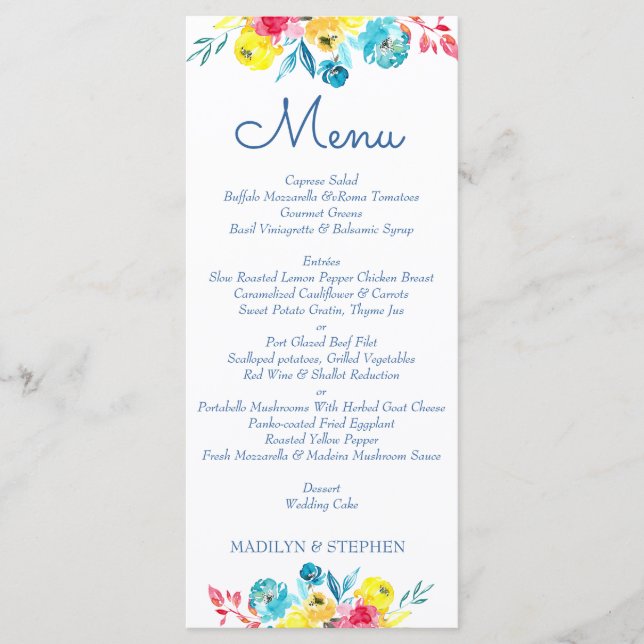 Bright Colorful Watercolor Floral Menu (Front)