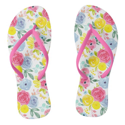 Bright Colorful Watercolor Floral Pattern Flip Flops