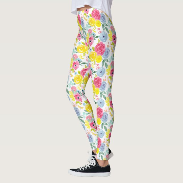 Bright Colorful Watercolor Floral Pattern Leggings (Left)