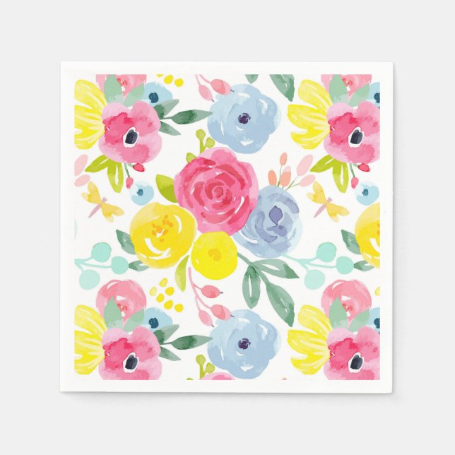 Bright Colorful Watercolor Floral Pattern Napkins (Front)