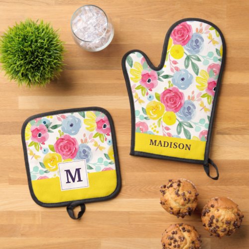 Bright Colorful Watercolor Floral Pattern Oven Mitt  Pot Holder Set