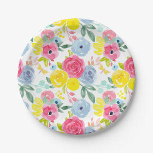 Bright Colorful Watercolor Floral Pattern Paper Plates