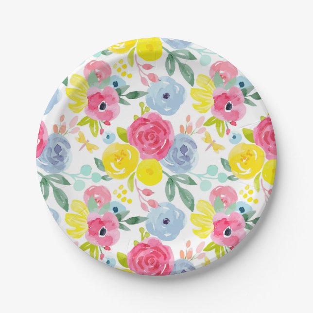 Bright Colorful Watercolor Floral Pattern Paper Plates (Front)
