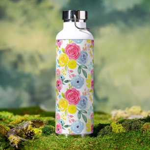 Bright Colorful Watercolor Floral Pattern Water Bottle