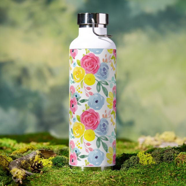 Bright Colorful Watercolor Floral Pattern Water Bottle (Outdoor)