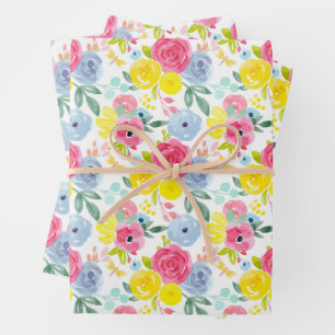 Bright Colorful Watercolor Floral Pattern Wrapping Paper Sheets