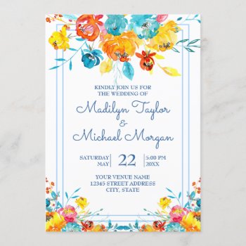 Bright Colorful Watercolor Floral Wedding Invitation by wingding at Zazzle