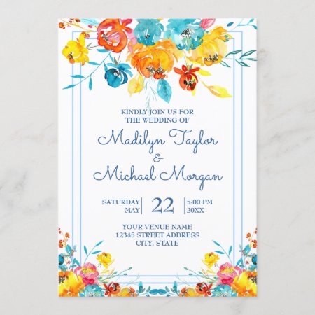 Bright Colorful Watercolor Floral Wedding Invitation