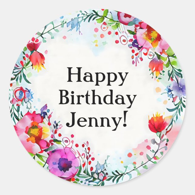 Bright Colorful Watercolor Flower Birthday Classic Round Sticker (Front)