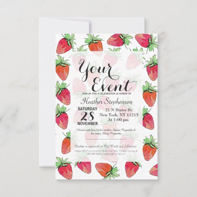 Bright Colorful Watercolor Fruity Strawberries Invitation (Front)