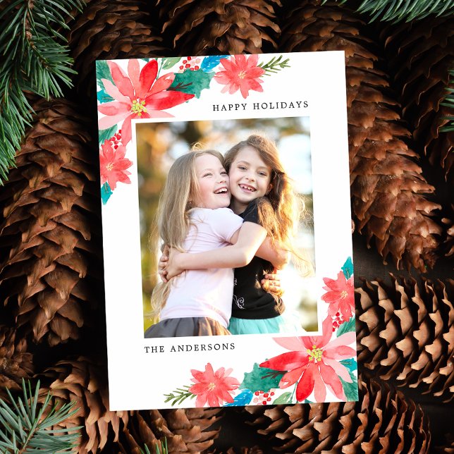 Bright & Colorful Watercolor Poinsettias Photo Holiday Card (Creator Uploaded)