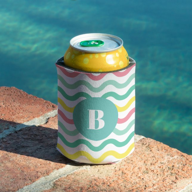 Bright Colorful Wavy Pattern Monogrammed Can Cooler (In Situ Pool)