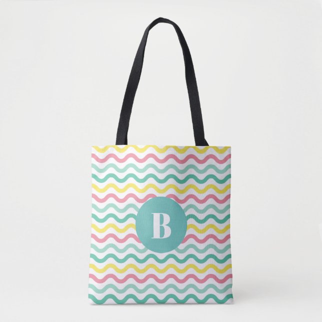 Bright Colorful Wavy Pattern Monogrammed Tote Bag (Front)