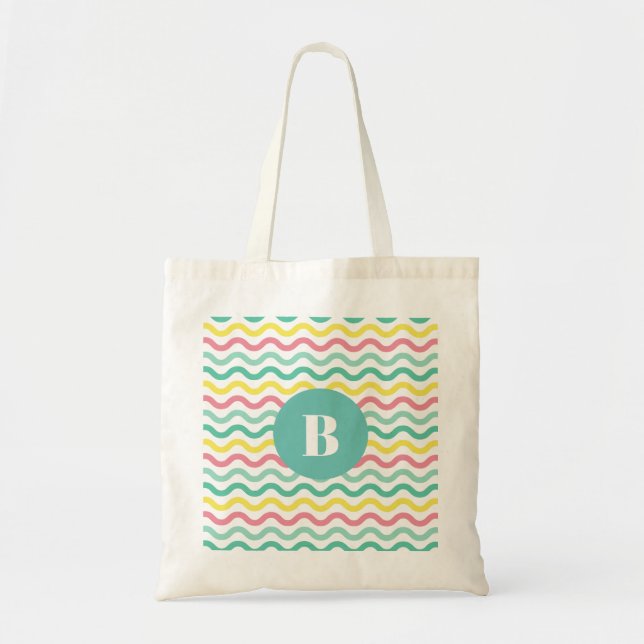 Bright Colorful Wavy Pattern Monogrammed Tote Bag (Front)