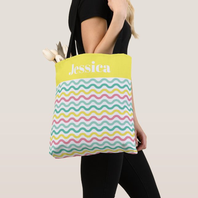 Bright Colorful Wavy Pattern Personalised Tote Bag (Close Up)