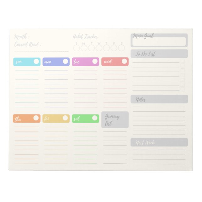 Bright Colorful Weekly Planner Notepad (Front)
