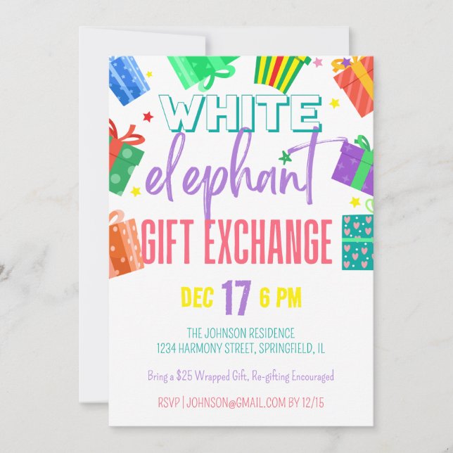 Bright Colorful White Elephant Gift Exchange Party Invitation (Front)