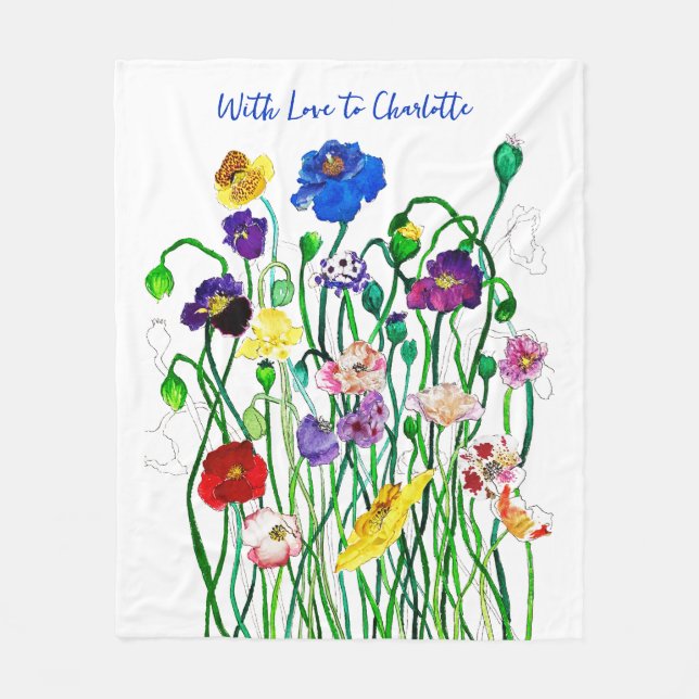 Bright Colorful Wild Poppy Watercolor Named Fleece Blanket (Front)