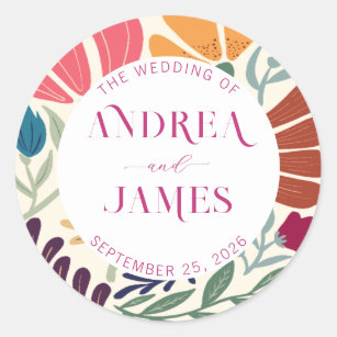 Bright Colorful Wildflower Abstract Floral Wedding Classic Round Sticker