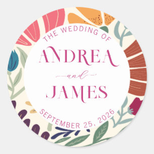 Bright Colorful Wildflower Abstract Floral Wedding Classic Round Sticker