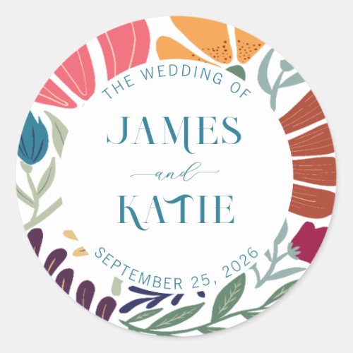 Bright Colorful Wildflower Abstract Floral Wedding Classic Round Sticker