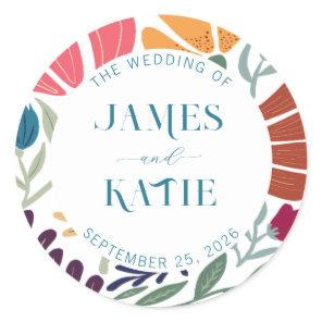 Bright Colorful Wildflower Abstract Floral Wedding Classic Round Sticker