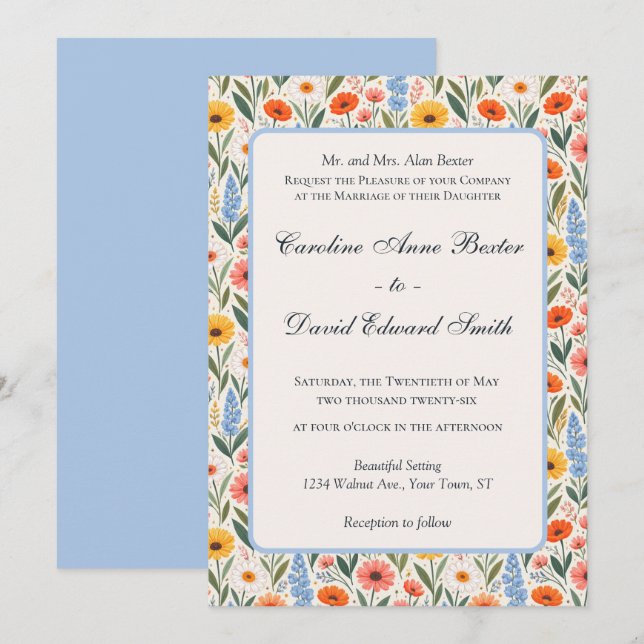 Bright Colorful Wildflowers Wedding Invitation (Front/Back)