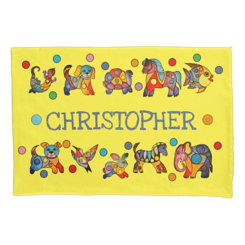 Bright Colorful Zoo Animal Pet Child Kids Yellow Pillow Case