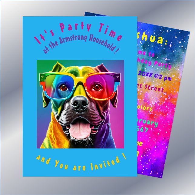 Bright Colors Dog Eyeglasses Party Invitation (front and reverse of invitation)