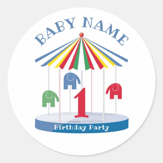 Bright Colors Elephant Carousel 1st Party Classic Round Sticker (Front)