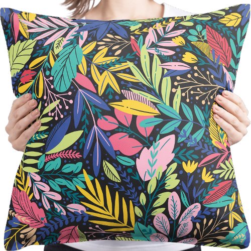 Bright colors exotic leaves seamless pattern throw pillow