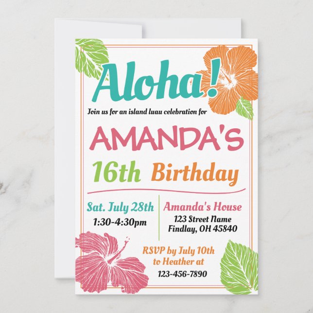 Bright Colors Island Luau Birthday Party Invitation (Front)