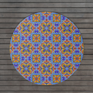 Bright Colors Mosaic Tiles: Blue / Orange Circular Outdoor Rug